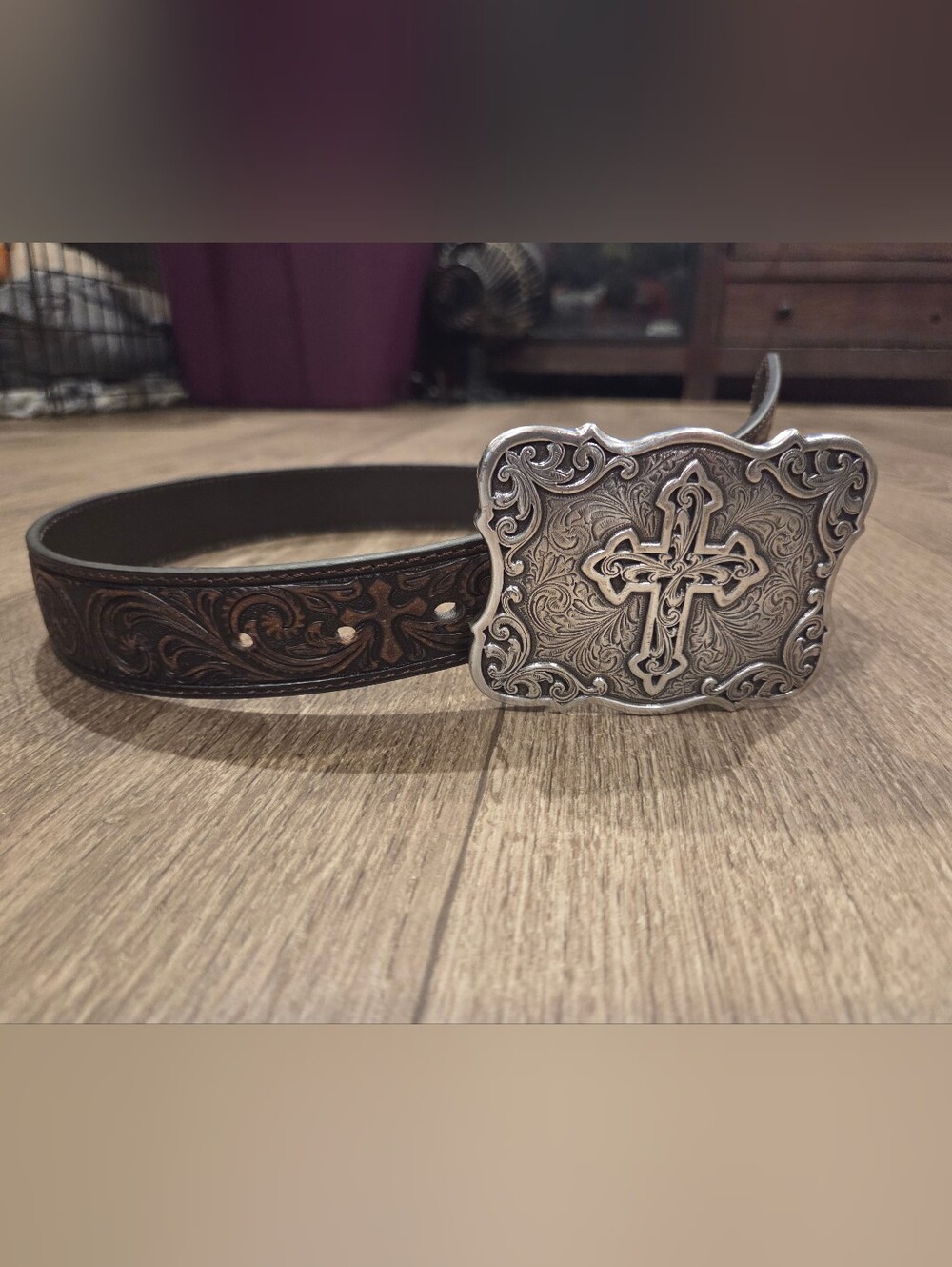 Nocona Brown Tooled Leather Belt with Silver Ornate Cross Buckle